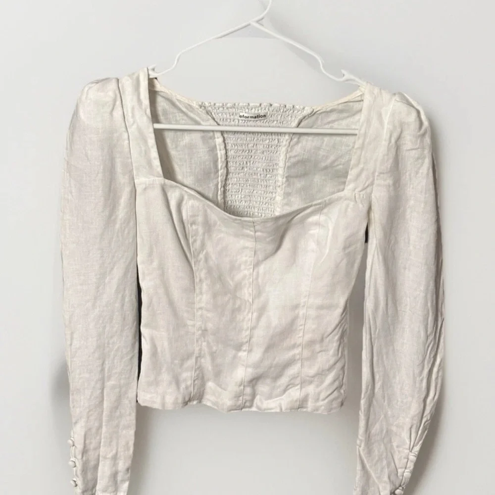 Reformation Stilton Linen Top Smocked Long Sleeve White Blouse Size 2